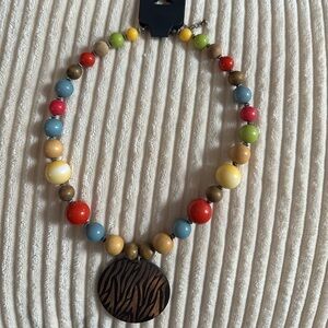 Boho style wood beads necklace with wood carved pendant